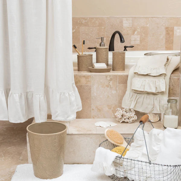 Washed Linen Ruffled Shower Curtain, White