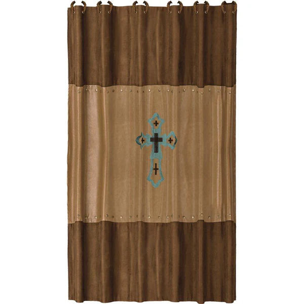 Las Cruces Shower Curtain, Faux Leather w/ Turquoise Cross