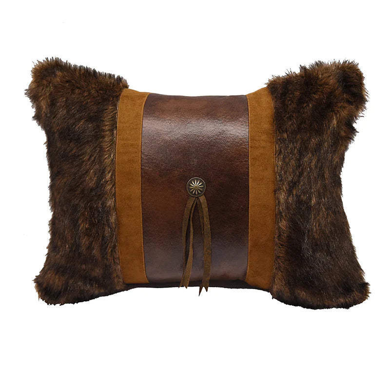 FAUX FUR LUMBAR THROW PILLOW W/ CONCHO & FRINGE
